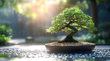 Miniature bonsai tree in a pot, sunlight.