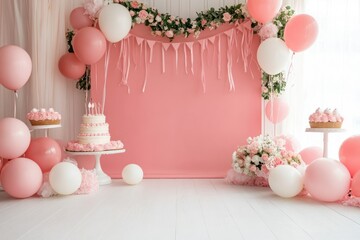 Pink first birthday backdrop, studio setup, cake, balloons