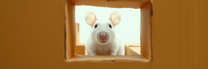Obraz premium Curious white rat exploring cardboard maze with big ears and expressive face