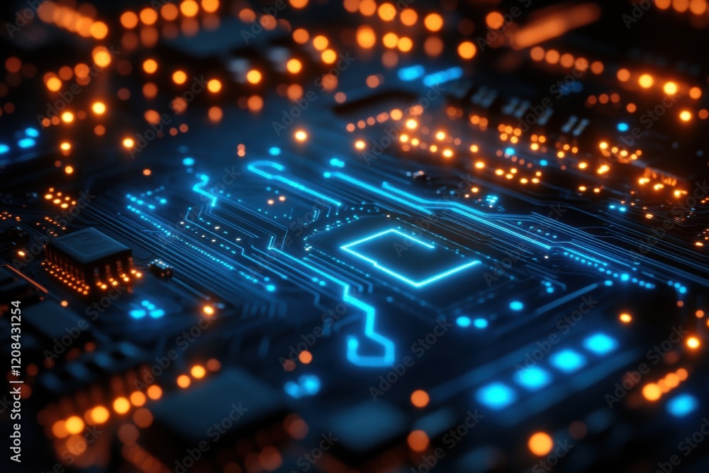 Aufkleber abstract background with glowing light lines and digital elements, including circuit board patterns,