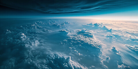 Fototapeta premium A stunning aerial view of fluffy white clouds floating under a clear blue sky, capturing the beauty and serenity of nature from above with a dreamy atmosphere.