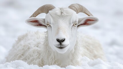 A goat resting in the snow with its impressive horns visible