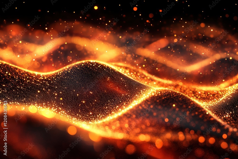 Poster glowing particles create a mesmerizing wave pattern in a dark environment