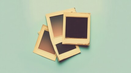 Vintage blank polaroid photos on light blue background