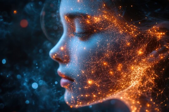 Woman from neurons with orange neon lights