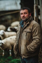 Obraz premium A rugged farmer in a muddy jacket stands next to a flock of sheep, embodying rural life and agricultural labor.