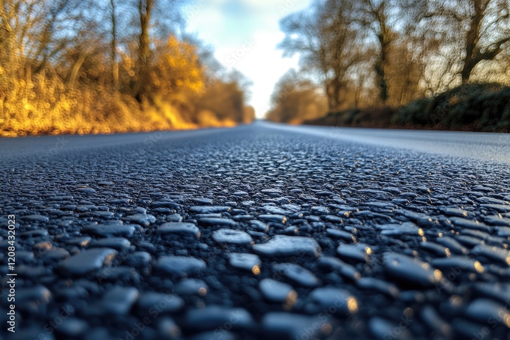 Poster a wet asphalt road with trees in the background, suitable for use in travel or infrastructure relate