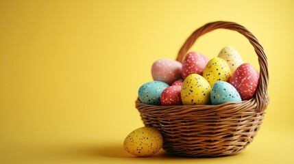 Vibrant easter basket with colorful eggs on yellow background for festive decor