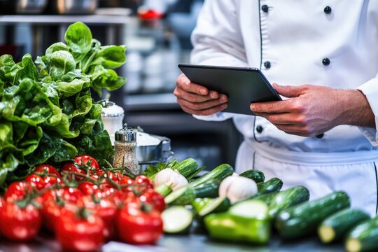 A chef uses a tablet computer in a professional kitchen setting, ideal for editorial or commercial use