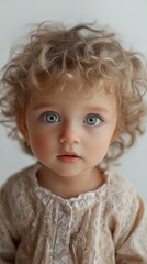 Naklejka premium Close-up portrait of an adorable baby with curly hair and blue eyes, wearing a patterned outfit, looking inquisitively at camera.