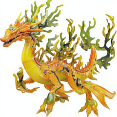 Fototapeta premium Golden Dragon with Algae Mane, Dynamic Pose.