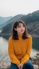 Fototapeta premium Young woman in yellow sweater sits by a calm lake, surrounded by mountains, enjoying a peaceful and scenic view.