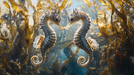 Fototapeta premium A pair of intricately patterned seahorses floating gracefully among strands of golden kelp in a serene underwater environment, emphasizing marine biodiversity.