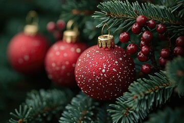 Fototapeta premium A detailed view of a bright red Christmas decoration hung on a tree, perfect for holiday-themed designs and promotions