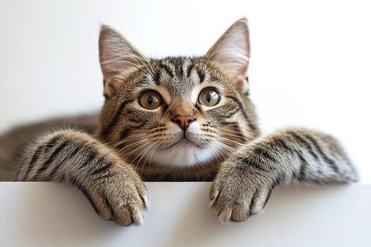 A domestic cat resting on a clean white surface