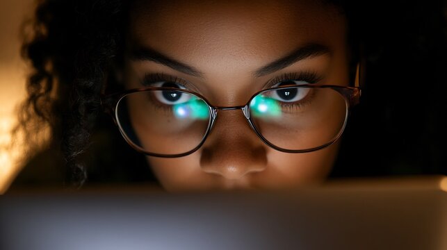 Intense Focus: A Woman's Gaze Through Glasses at a Screen in Low Light