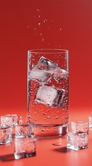 Chilled carbonated drink with ice cubes, on a vibrant red backdrop, capturing the essence of refreshment and energy.