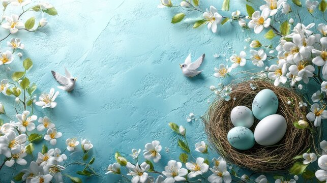 Easter theme with blue textured background and nest of eggs surrounded by blossoms