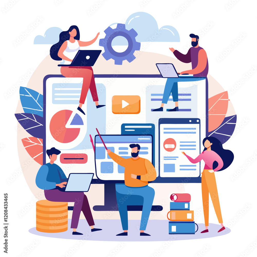 Poster testers engage in diverse software tasks, analyzing data and sharing insights in a vibrant workspace