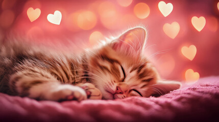 background for Valentine's Day, cute kitten sleeping on a pink blanket, bokeh glare in the shape of hearts above the cat