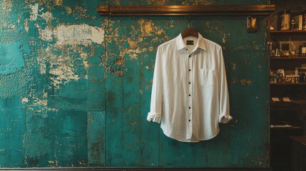 A stylish white shirt is neatly hung against a textured teal wall, showcasing a clean and trendy design suitable for modern fashion.