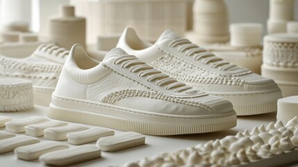 The image features an artistic presentation of white sneakers surrounded by various textured props. A modern and minimalist aesthetic highlights the shoes.