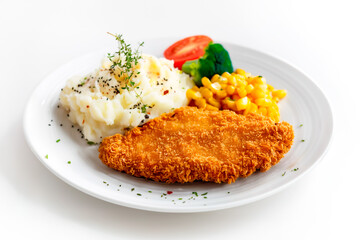 deep-fried chicken steak with mashed potatoes and corn