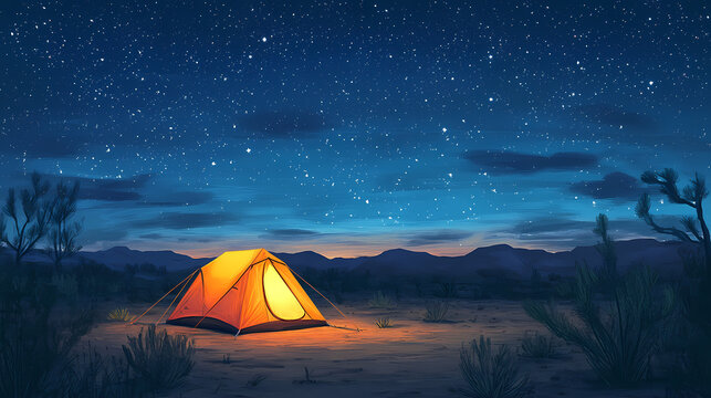 Bright orange tent glowing under starry night sky in tranquil desert camping setting. Starry Desert. Illustration