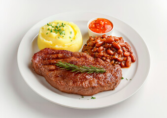 steak with mashed potatoes and beans