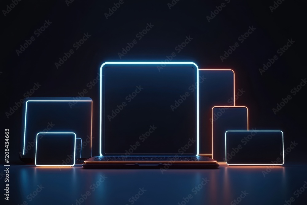 Poster technology devices illuminated with neon outlines in a dark setting showcasing modern design