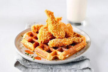 a plate of fried chicken with waffles