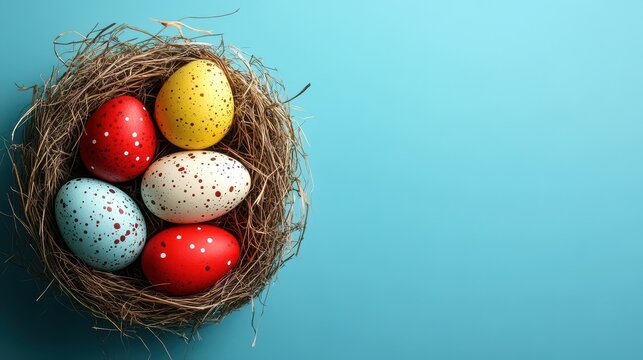 Colorful easter egg arrangement in a nest for italian holiday card design