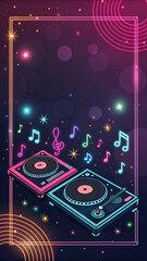 Neon Turntables And Music Notes, International DJ Day, Vibrant Party Theme, Celebrating Nightlife, Great For Music Promotions, Entertainment Business, Modern Design Appeal.