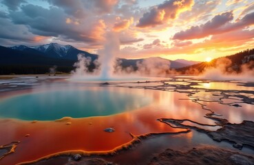 Colorful hot springs in Yellowstone National Park at sunset. Steam rises from pools against rugged mountains. Vibrant colors reflect in the water. Scenic landscape with natural beauty.