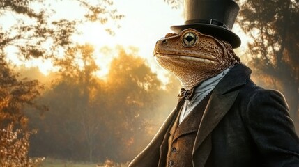 A whimsical portrayal of a frog dressed in a stylish suit and top hat, posed against a serene natural backdrop filled with soft sunlight and warm colors that evoke nostalgia.