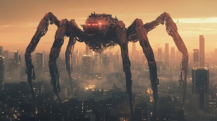 Naklejka premium A colossal mechanical spider looms over a futuristic cityscape