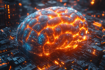neon illustration of brain, abstract digital lines and data inspired elements, cyberpunk theme, bright orange and blue glow, high detail, artistic and futuristic aesthetic


