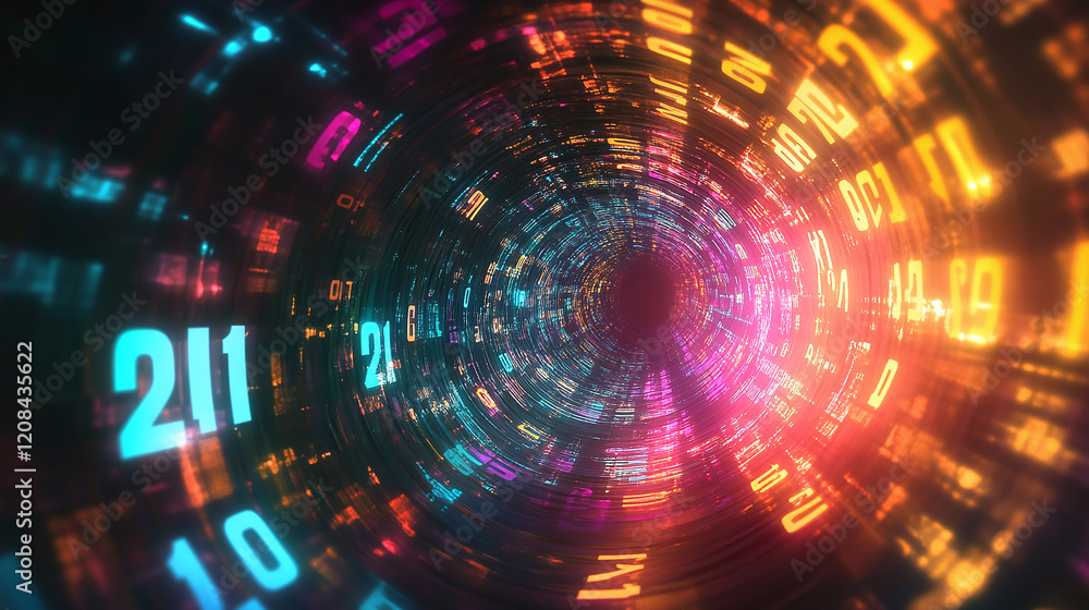Poster a dynamic vortex of neon numbers and glowing symbols swirling towards a bright central point, repres