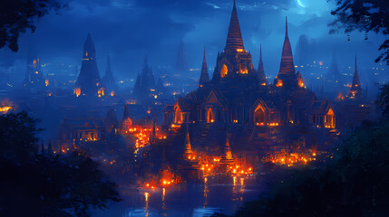 Bangkok modern cityscape illuminated at night with ayutthaya candlelit ruins creating a mystical glow. Mystic Ruins. Illustration