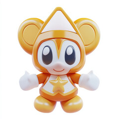 Cute orange cartoon character, large eyes, star emblem.