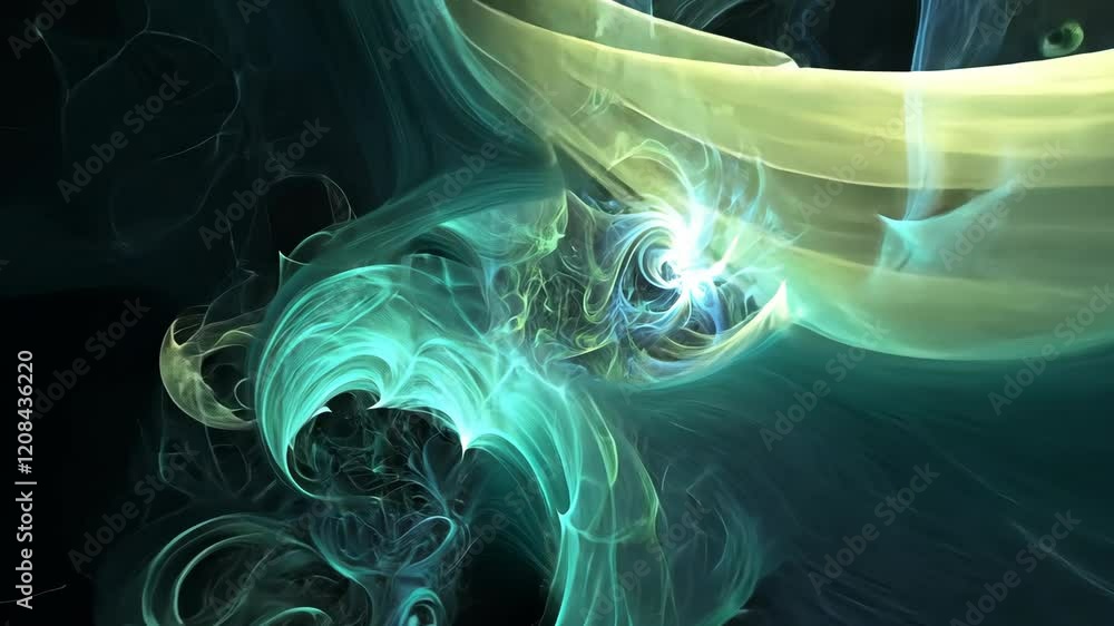 Poster abstract digital artwork depicting swirling patterns in a blend of turquoise and yellow shades, crea