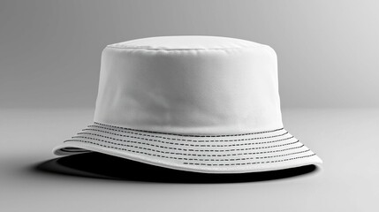 A stylish white bucket hat featuring a striped band showcased against a gray background. Perfect for outdoor adventures and casual fashion.