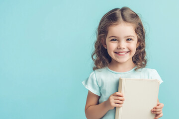 Obraz premium A young girl is holding a book and smiling