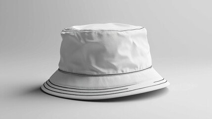 A realistic white bucket hat displayed in a minimalistic presentation style, featuring contrasting black stitching. Great for showcasing fashion designs.