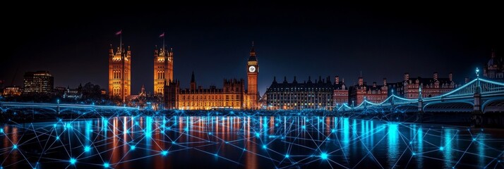 London s Houses of Parliament Connected by Glowing Blue Lights, Symbolizing Digital Network
