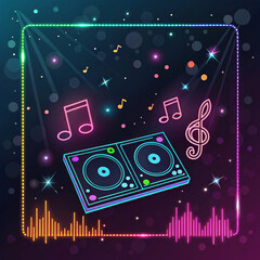 Neon Turntables And Music Notes, International DJ Day, Vibrant Party Theme, Celebrating Nightlife, Great For Music Promotions, Entertainment Business, Modern Design Appeal.
