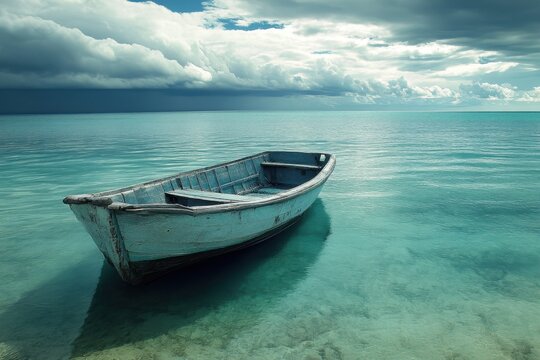 Tranquil wooden boat rests on crystal clear water under dramatic skies