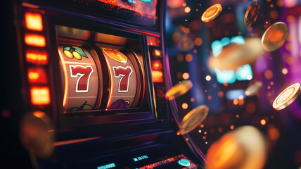 A slot machine with a 777 jackpot, flying gold chips and coins, embodying online casino excitement and winning.