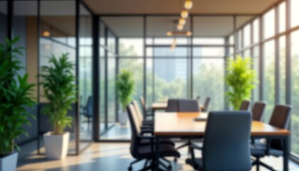 Fototapeta premium Modern office interior with large windows. Blurry chairs, conference table visible. Natural light fills space. Empty room likely in modern building. Suggests business corporate environment clinic.