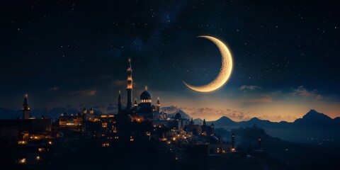 Ramadan night. Crescent moon shines over a city.